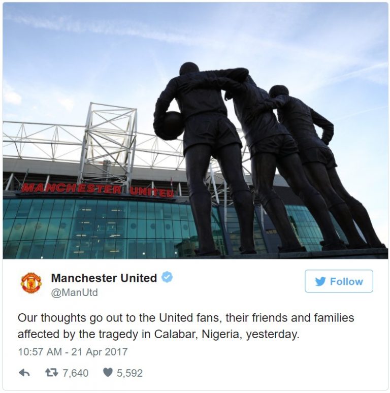 man u tweet over calabar viewing center death 