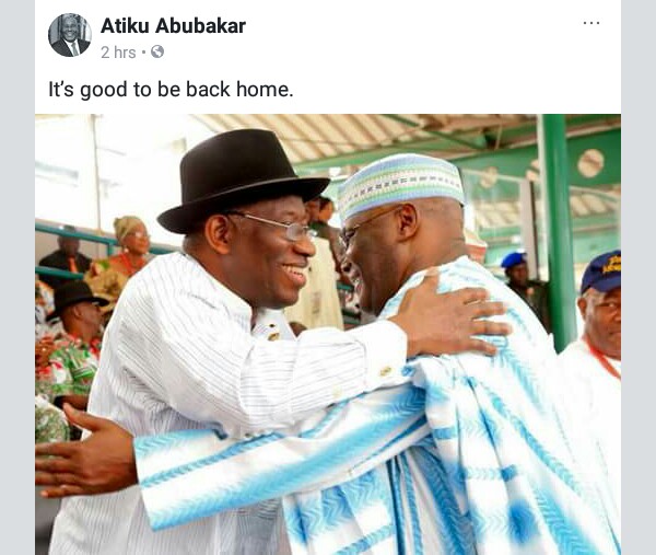 "It's Good to Be Back Home”, Atiku Abubakar Says as He Embraces Good Luck Jonathan