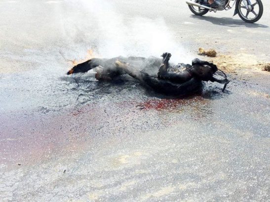 Angry Mob Burnt Motorcycle Thief To Death In Uyo [Photos]