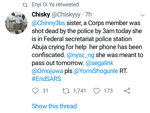 Trigger Happy SARS Officer Allegedly Kills Female Corps Member, Who Was Meant To Finish Her NYSC, Today, In Abuja [Photos]