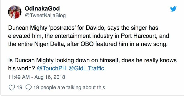 As Expected, Fans React as Duncan Mighty Prostrates To Davido In Port Harcourt