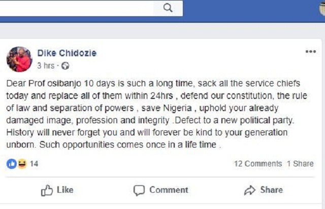 See What a Facebook User Asked Osibanjo to Do Within 10 Days before President Buhari Returns 