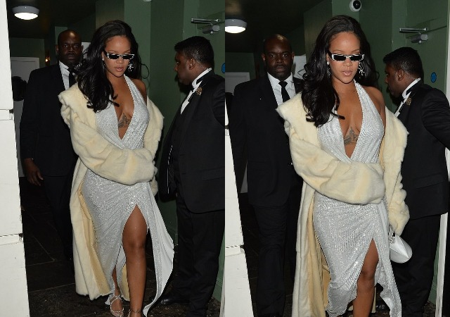 Pop Star, Rihanna Goes Braless In Silver Dress for New Year's Eve Celebrations in London [Photos]