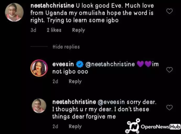 “I Am Not Igbo” – Eve Esin Replies Fan On Instagram