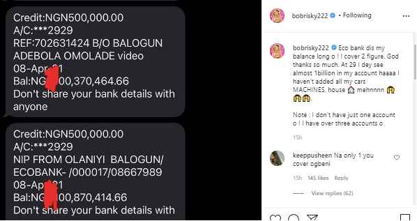 Reactions as Bobrisky Shows off His Bank Account Balance of More Than N1 Billion