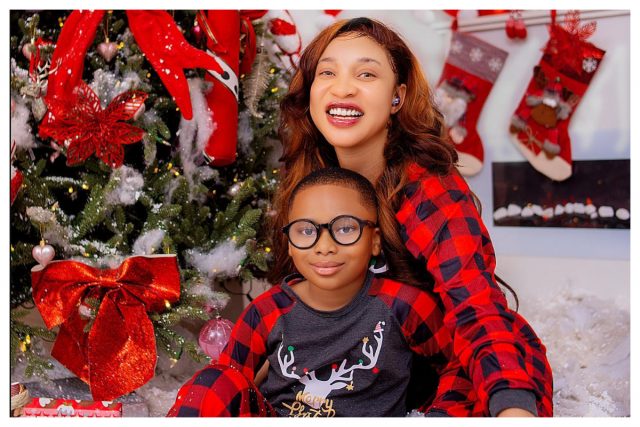 Tonto Dikeh vs. Bobrisky: Tonto Dikeh Takes a Break as She Shares a Christmas Themed Photo with Son