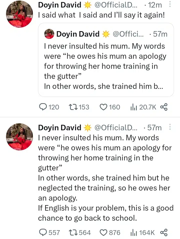 “go Back To School” Doyin Slams Those Dragging Her For Mentioning Adekunles Mom While 6641