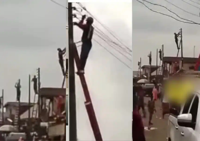 “Na Cut-a-Thon?” – Residents worry over number of PHCN officials working on electricity pole at once [Video]