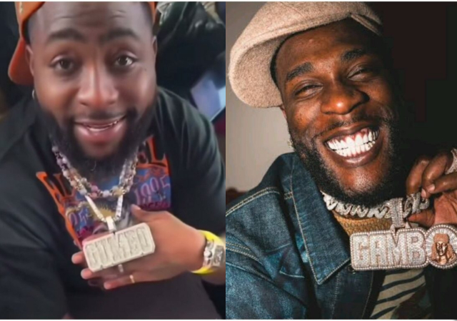 “E pain them” – Davido playfully jabs as he shows off expensive neck chain similar to Burna Boy’s in viral video