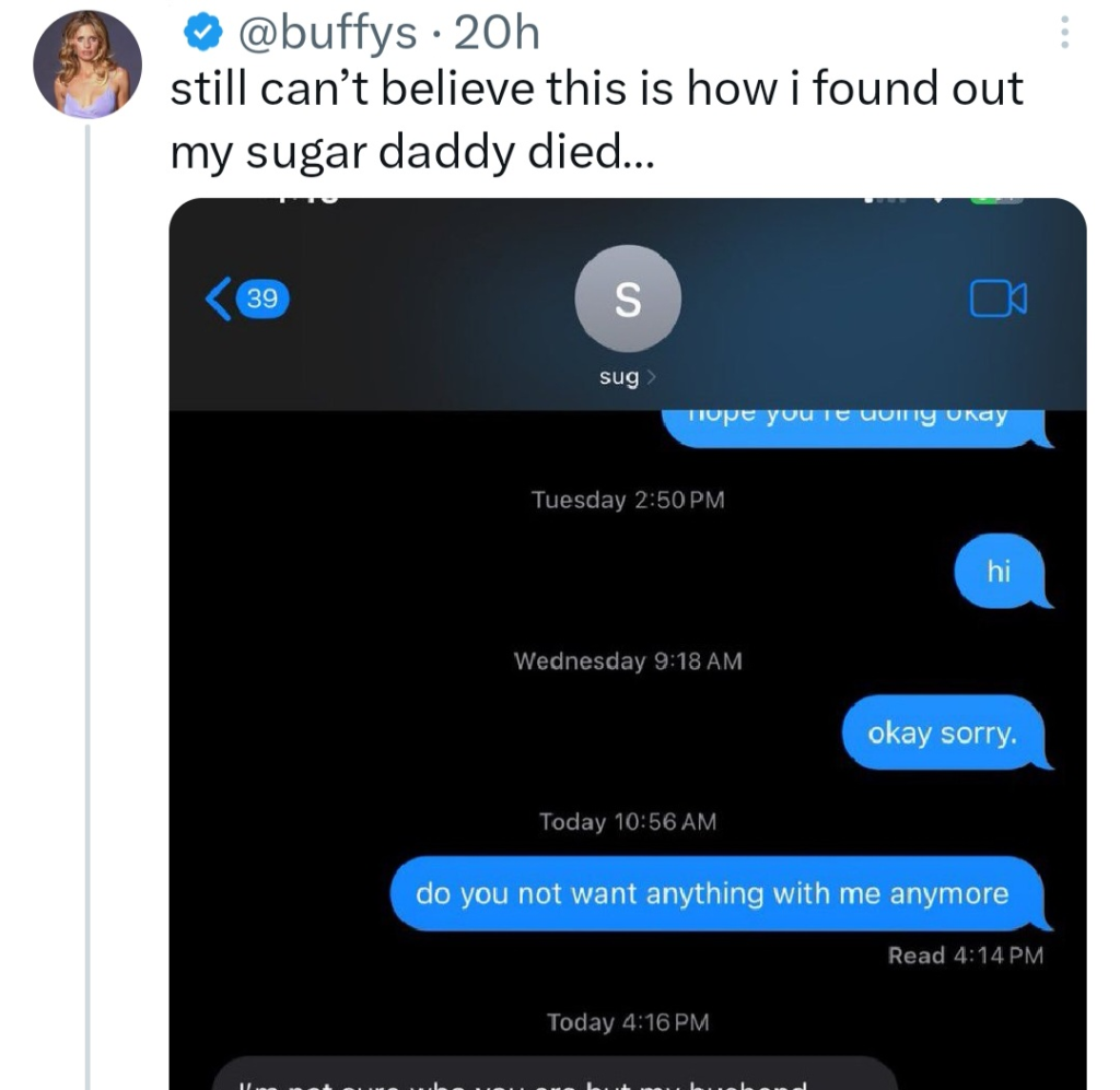 Woman discloses how she discovered her sugar daddy had passed away 