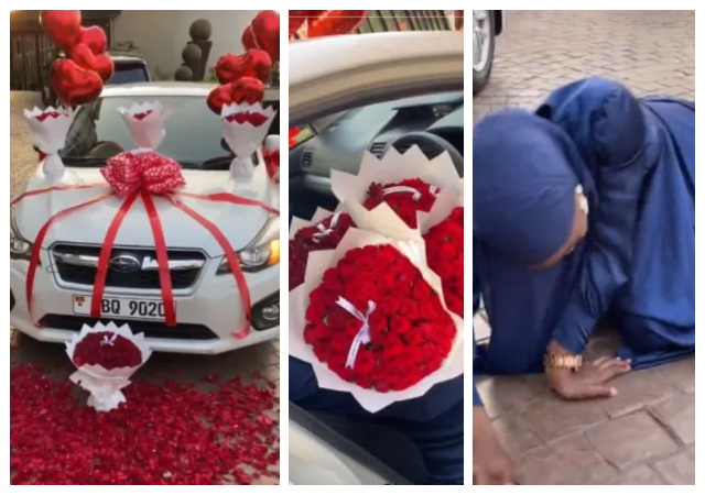 “The way he expect you to jump and rejoice after sending 5k" - Reactions as Lady goes emotional as lover gifted her a new car and roses as Valentine's gift