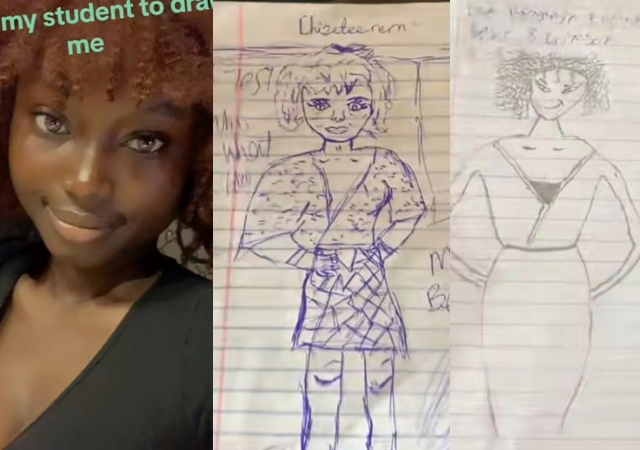 "They draw you abi they no draw you” – Reactions as teacher shows off funny portraits of herself drawn by her students