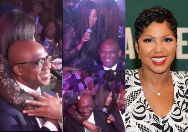 "See as senior men dey blush" - Reactions as old video of US singer Toni Braxton dances with Fashola, Emefiele, Tony Elumelu, others