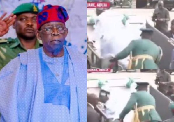 Moment President Bola Tinubu heavily falls, hits head on floor of ...