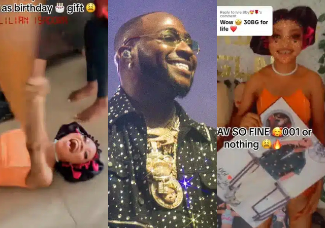 Lady rolls on floor as she receives Davido’s portrait as birthday gift