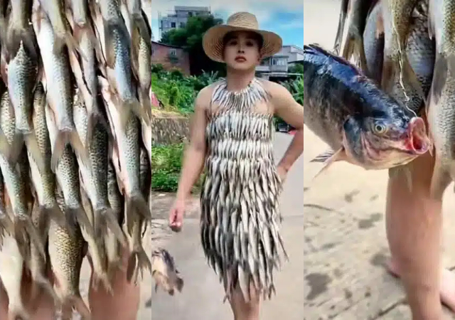 Caucasian lady trends after rocking outfit made entirely of raw fish