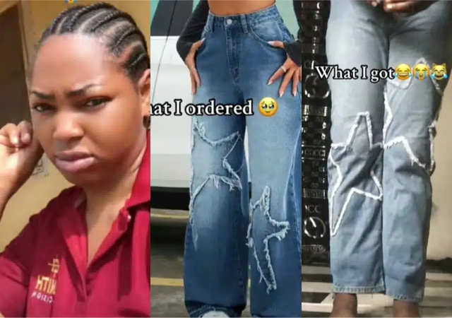 Lady laments as she shows baggy jeans she ordered vs what she got