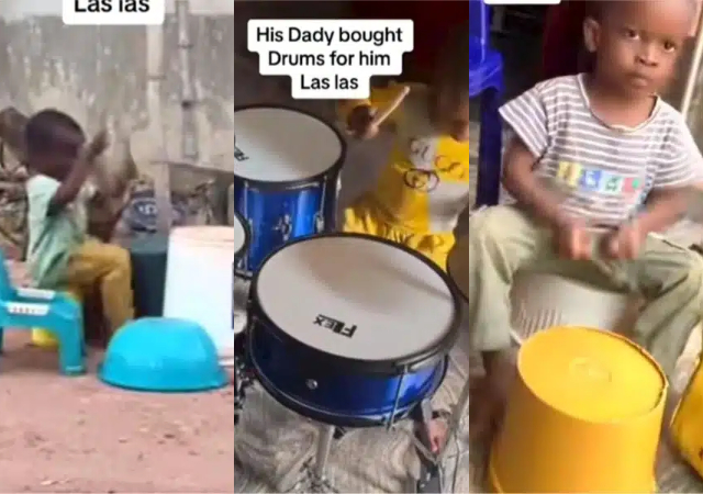 Lady shares husband`s wonderful act towards their son as he buys a complete set of drum to help build his talent