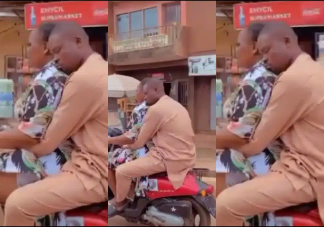 “She go carry am from bar” - Man sparks reactions as he dozes off on a woman’s shoulder while carrying him on a motorcycle