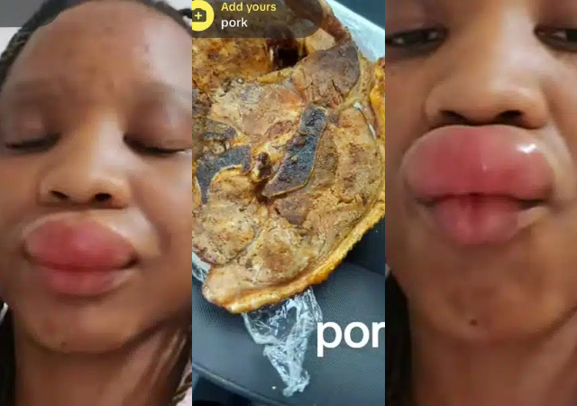 “Me after begging people to patronize me” – Reactions as lady gets allergy after eating pork meat