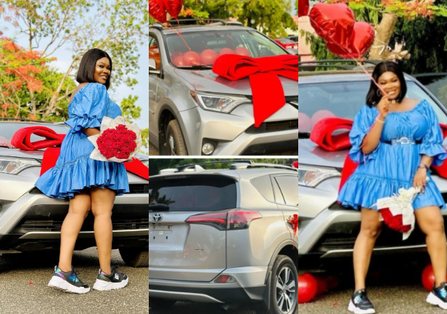 Actress Ruby Ojiakor pays tribute to her bestie, late Junior Pope as she acquires new car