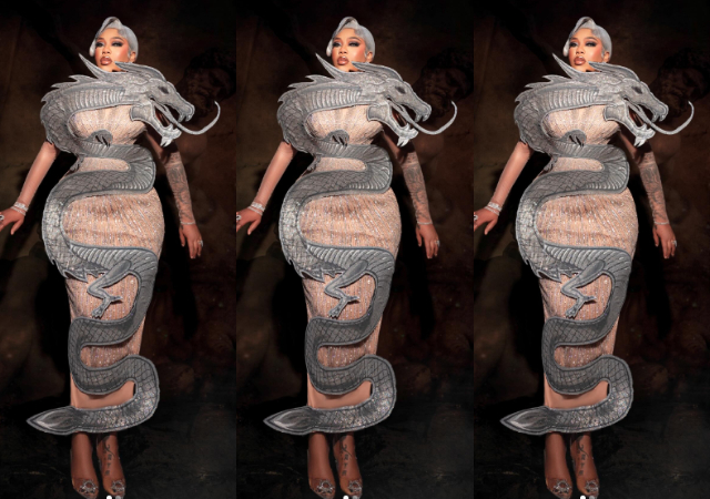 "King of fashion" - Toyin Lawani sparks reactions as she rocks snake and dragon dress