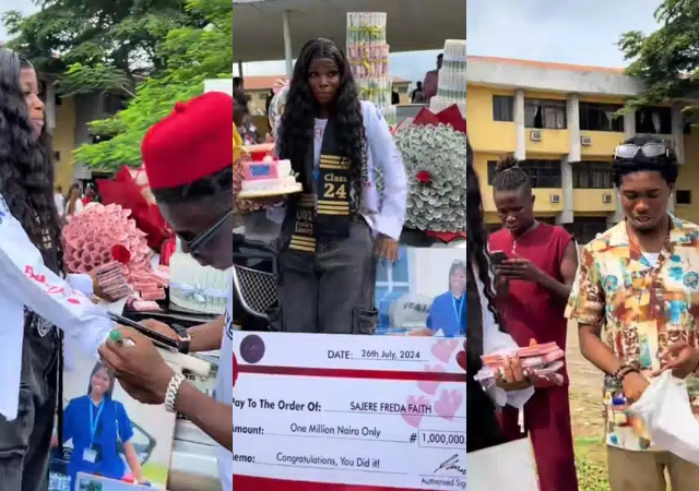 Fresh graduating student receives ₦1 million, new car, and money cake on sign-out day