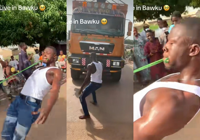 Netizens reacts as man pulls truck with teeth in viral video