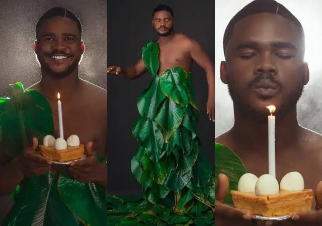 “This is so creative” – Netizens reacts as moi moi seller marks 25th birthday with leaf outfit uses mio mio as cake