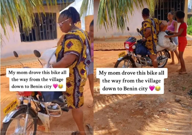Nigerian lady surprised as mother rides okada from village to deliver food items to her in Benin