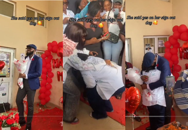 Man surprises girlfriend, proposes to her on her university sign-out day