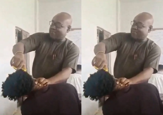 Outrage As Nnamdi Azikiwe University Professor, Shaves Student’s Unkempt Hair with Scissors