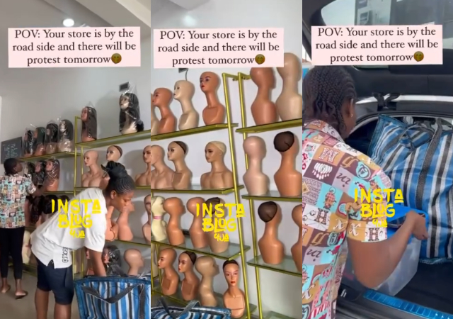 "To avoid stories" - Reactions as Nigerian lady empties her store as protest begins