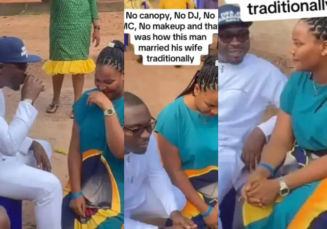 Nigerian man goes viral as he weds girlfriend traditionally without DJ, MC, canopy & makeup