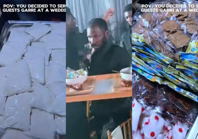 "What happened to party jollof rice?" - Nigerians reacts as couple serves guests garri, kuli at wedding