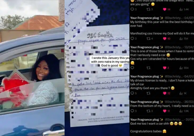 Nigerian lady celebrates as she becomes a car owner after praying for 10 months