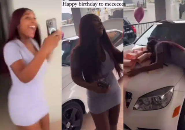 Nigerian lady overjoyed as boyfriend gifts her a car on her birthday