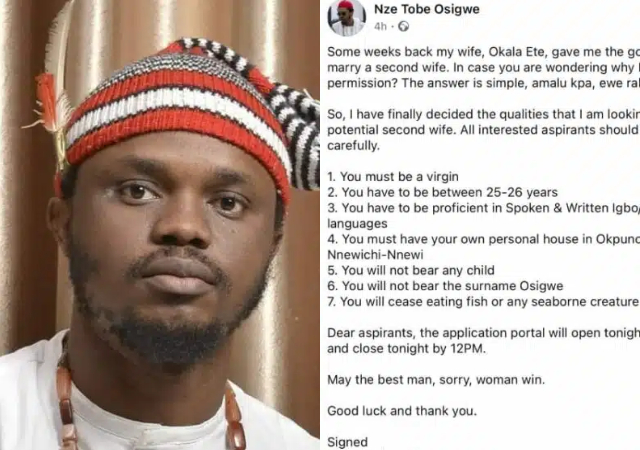 "Must be a virgin.." - Nigerian man shares 7 conditions his wife set before he can take a second wife