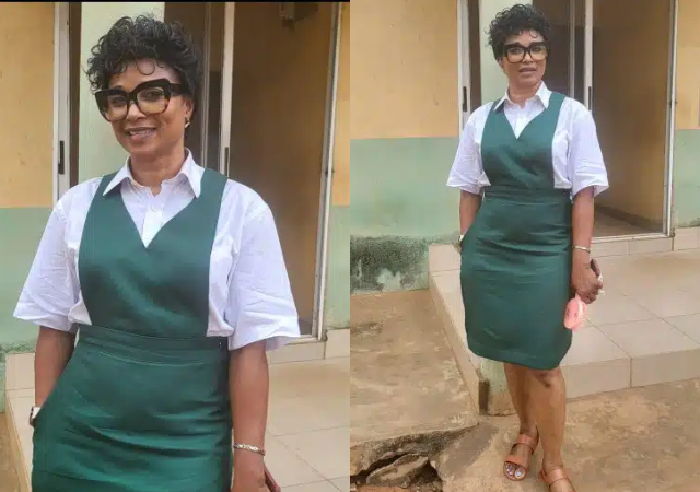 Woman sparks buzz as she dresses in uniform to attend her secondary school’s 40th reunion