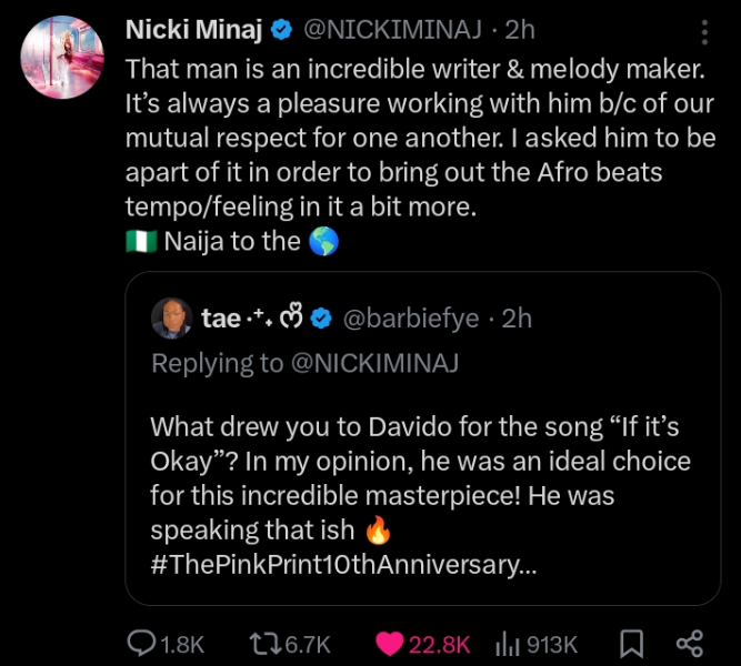 Nicki Minaj Reveals Why Davido Was Her Perfect Choice for "If It's Okay" Anniversary Track