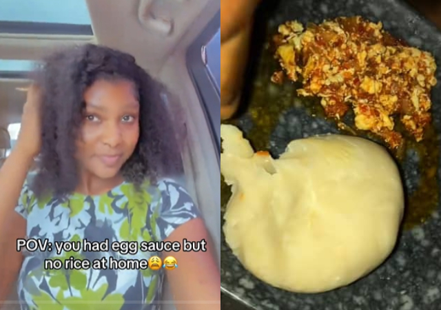 Lady goes viral as she eats fufu with egg sauce after running out of rice