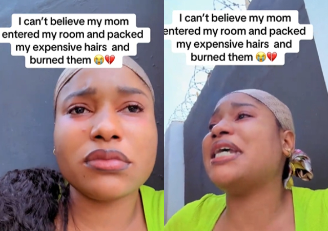 Lady cries out as her mother burns her expensive wigs