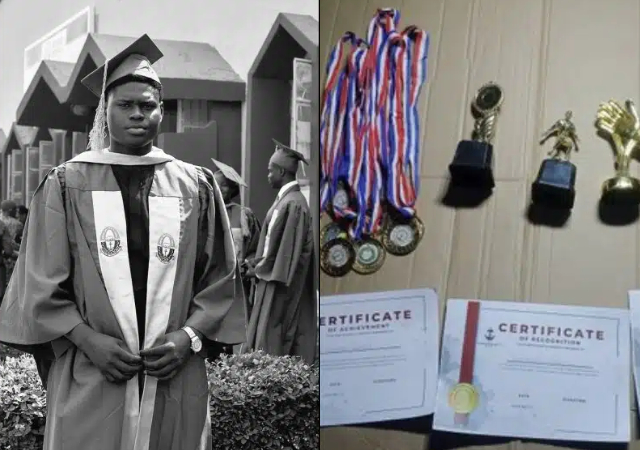 Man celebrates his graduation after bagging 13 carryovers, shows off his medals & awards