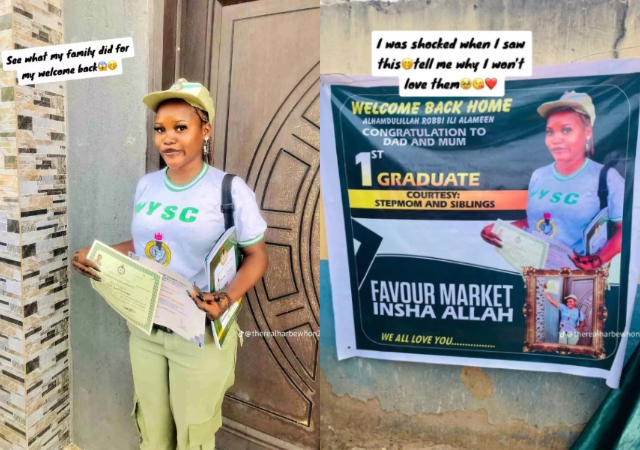 Nigerians react as family sets up huge banner for their daughter as she becomes the first to complete NYSC