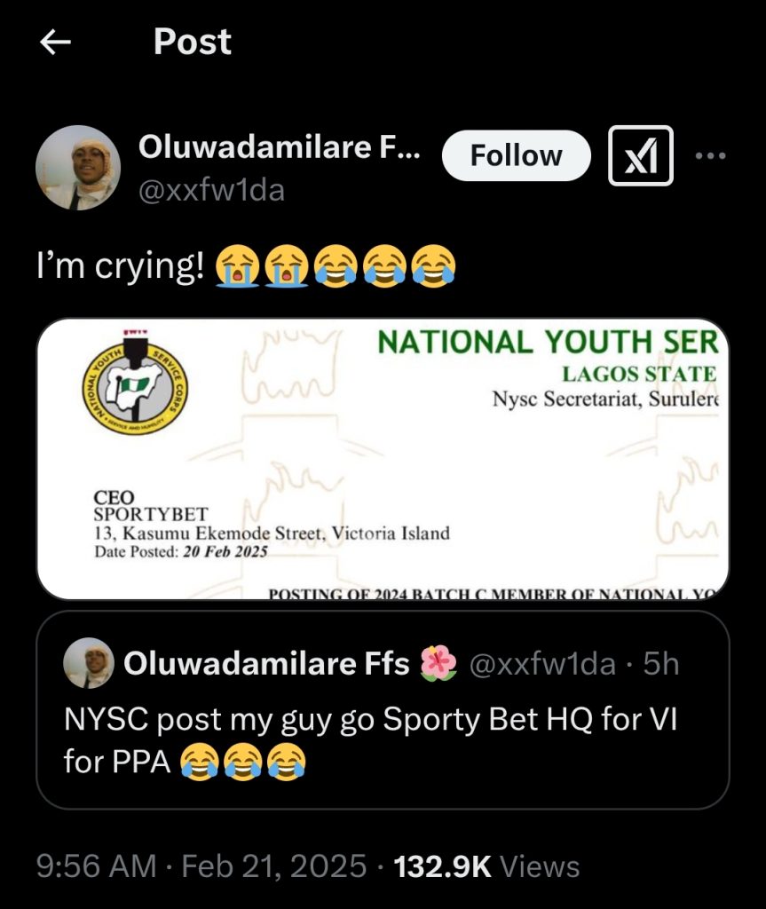 Man can't believe his eyes as NYSC Posts Friend to SportyBet Headquarters for PPA