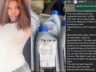 Lady shares her man's reaction after she gifted him engine oil as birthday present