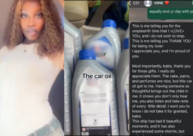 Lady shares her man's reaction after she gifted him engine oil as birthday present